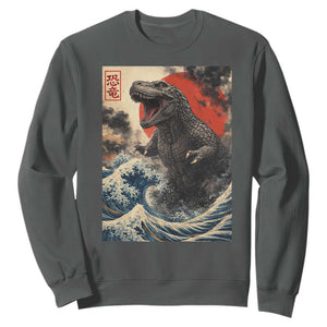 Japanese Dinosaur Sweatshirt Vintage Great Wave Monster Epic Giant Monster Ukiyo-e Style TS10 Dark Heather Print Your Wear