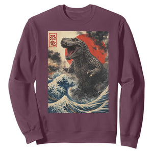 Japanese Dinosaur Sweatshirt Vintage Great Wave Monster Epic Giant Monster Ukiyo-e Style TS10 Maroon Print Your Wear