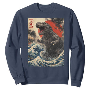 Japanese Dinosaur Sweatshirt Vintage Great Wave Monster Epic Giant Monster Ukiyo-e Style TS10 Navy Print Your Wear