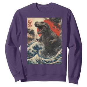 Japanese Dinosaur Sweatshirt Vintage Great Wave Monster Epic Giant Monster Ukiyo-e Style TS10 Purple Print Your Wear