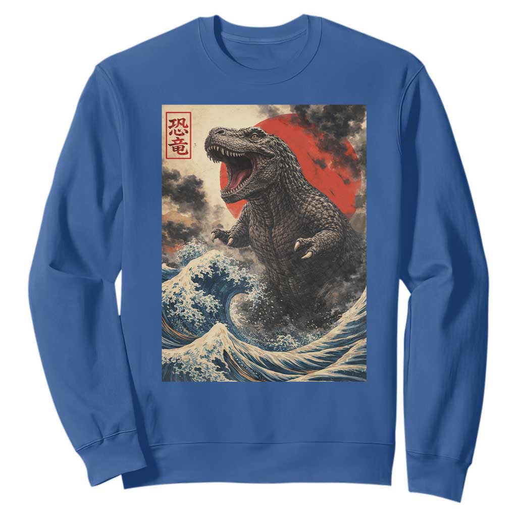 Japanese Dinosaur Sweatshirt Vintage Great Wave Monster Epic Giant Monster Ukiyo-e Style TS10 Royal Blue Print Your Wear