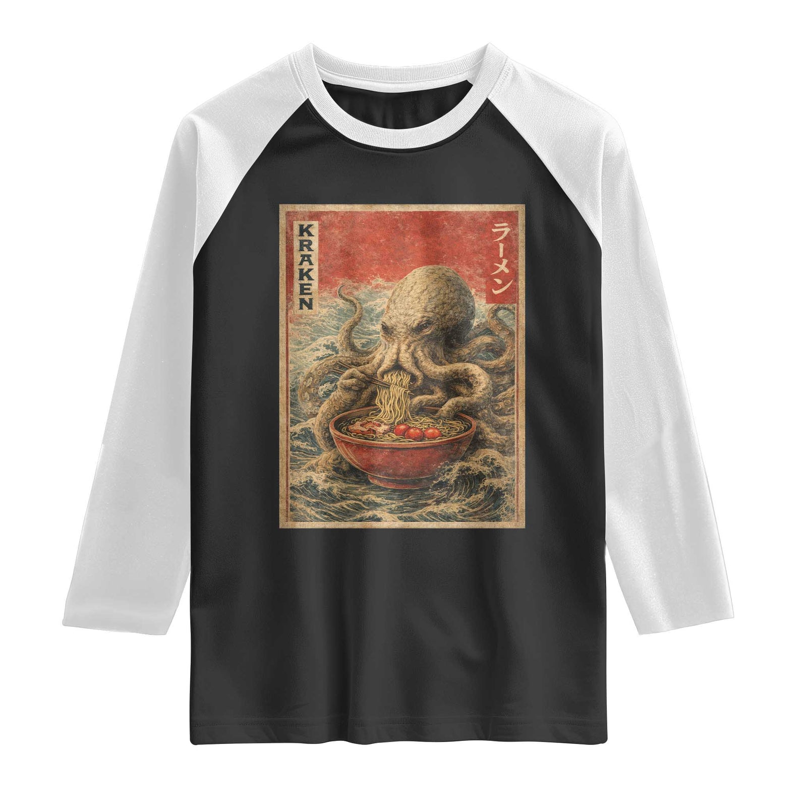 Sea Monster Eating Ramen Raglan Shirt Vintage Graphic Japanese Lover Ukiyo-e Art TS10 Black White Print Your Wear