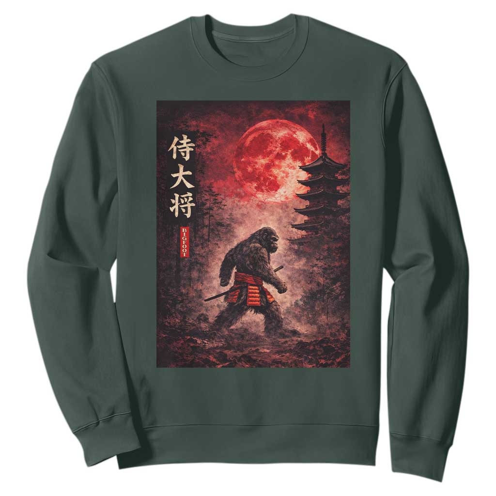 Samurai Bigfoot Sweatshirt Vintage Japanese Graphic Ukiyo-e Art Sasquatch Red Moon TS10 Dark Forest Green Print Your Wear