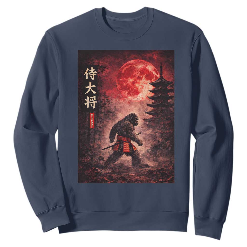 Samurai Bigfoot Sweatshirt Vintage Japanese Graphic Ukiyo-e Art Sasquatch Red Moon TS10 Navy Print Your Wear