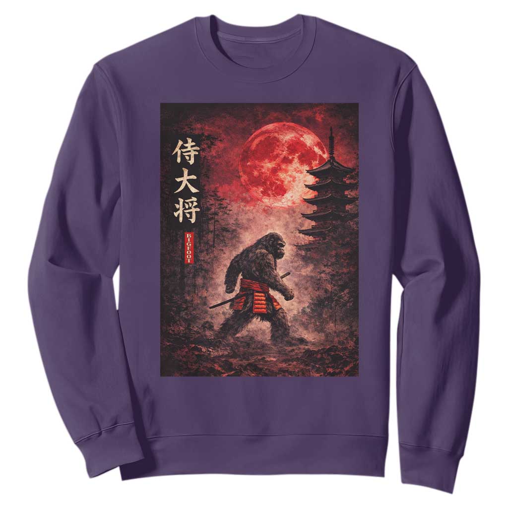 Samurai Bigfoot Sweatshirt Vintage Japanese Graphic Ukiyo-e Art Sasquatch Red Moon TS10 Purple Print Your Wear