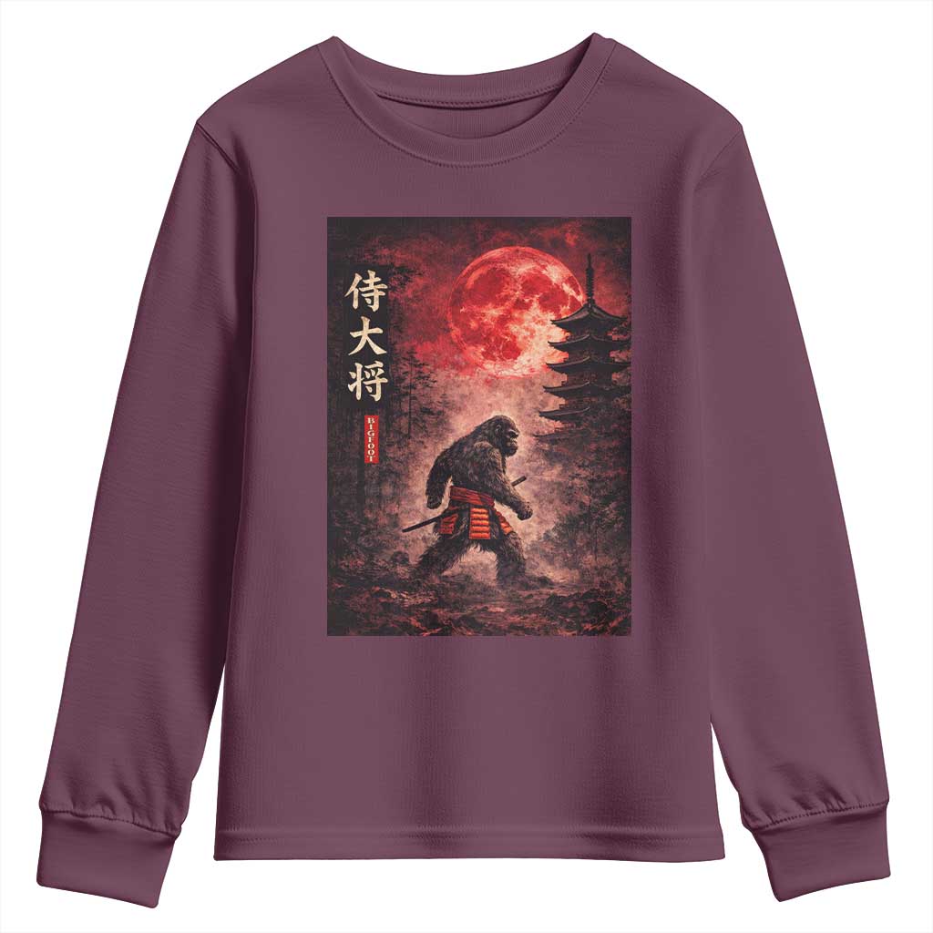 Samurai Bigfoot Youth Sweatshirt Vintage Japanese Graphic Ukiyo-e Art Sasquatch Red Moon TS10 Maroon Print Your Wear