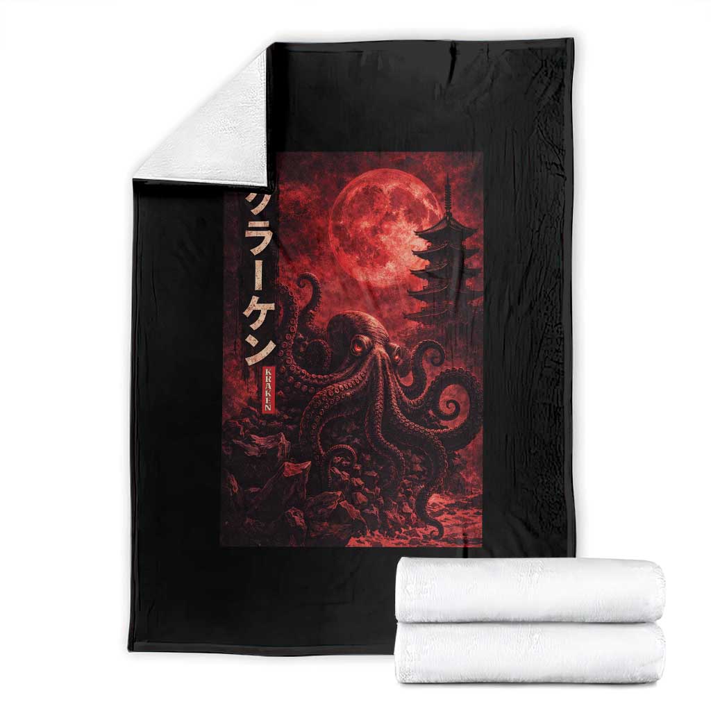 Vintage Sea Monster Throw Blanket Horror Japanese Octopus Mythology Temple Red Moon TS10 Black Print Your Wear