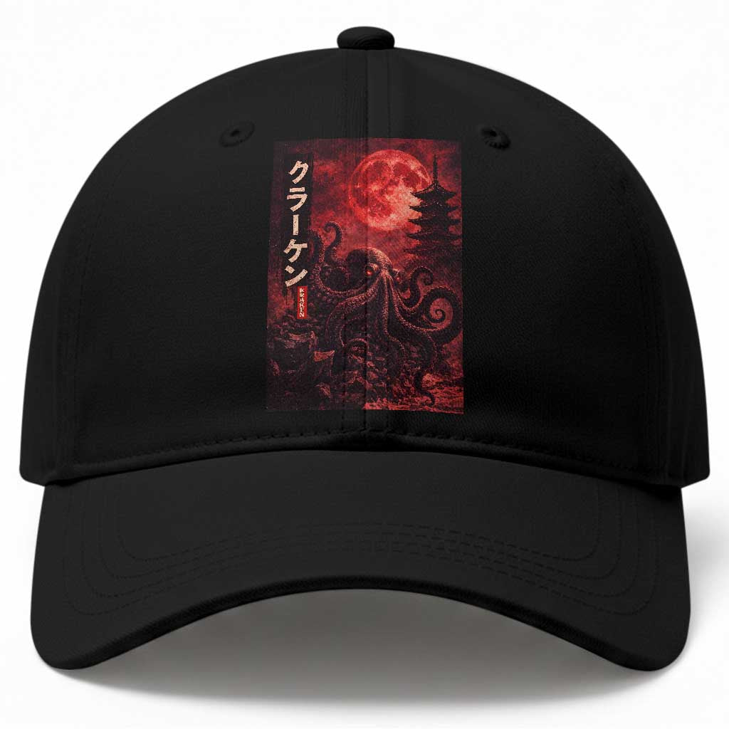 Vintage Sea Monster Baseball Cap Horror Japanese Octopus Mythology Temple Red Moon TS10 Print Your Wear