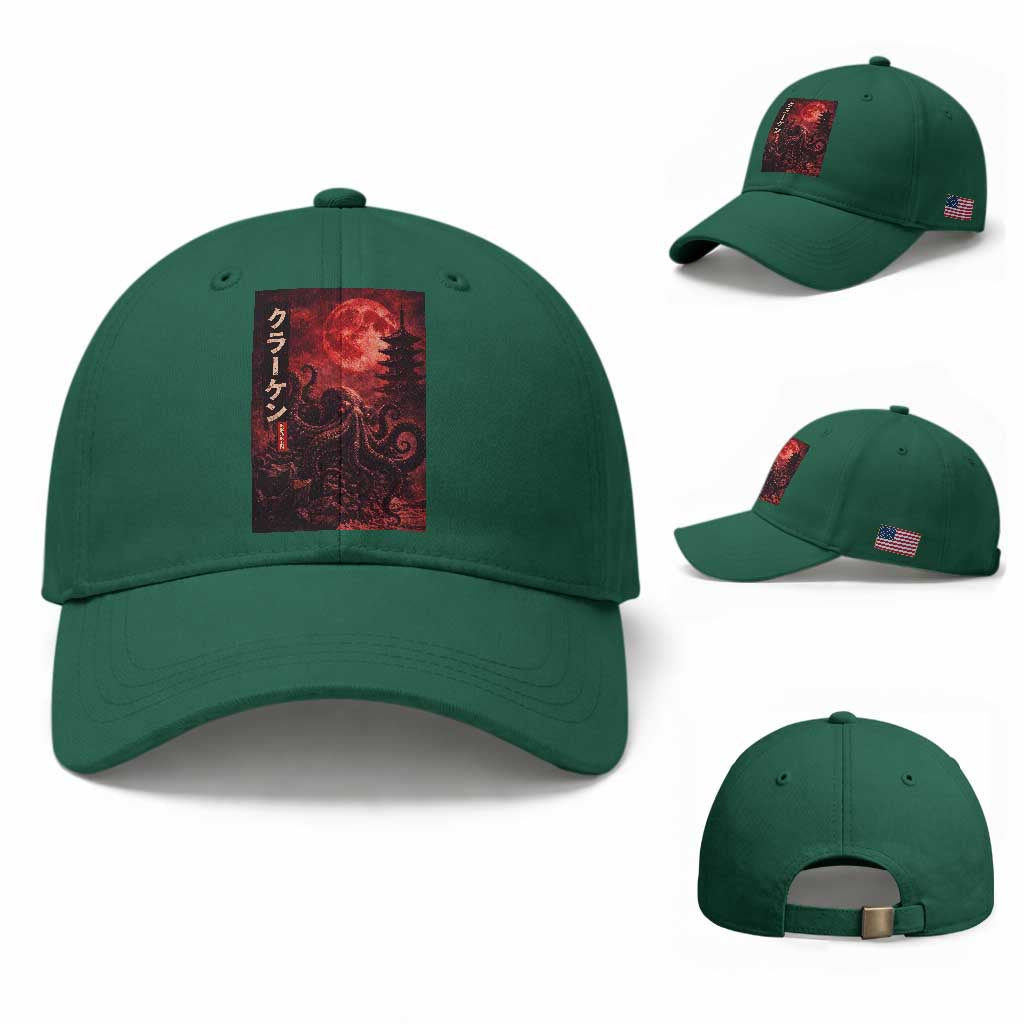 Vintage Sea Monster Baseball Cap Horror Japanese Octopus Mythology Temple Red Moon TS10 Baseball Cap Universal Fit Irish Green Print Your Wear