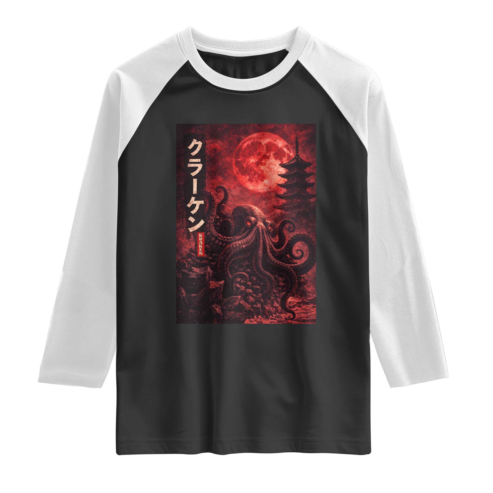 Vintage Sea Monster Raglan Shirt Horror Japanese Octopus Mythology Temple Red Moon TS10 Black White Print Your Wear