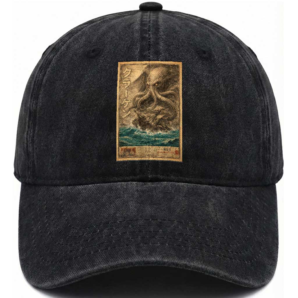Vintage Japanese Sea Monster Washed Cotton Baseball Cap Retro Mythology Newspaper Ukiyo-e Art TS10 Print Your Wear