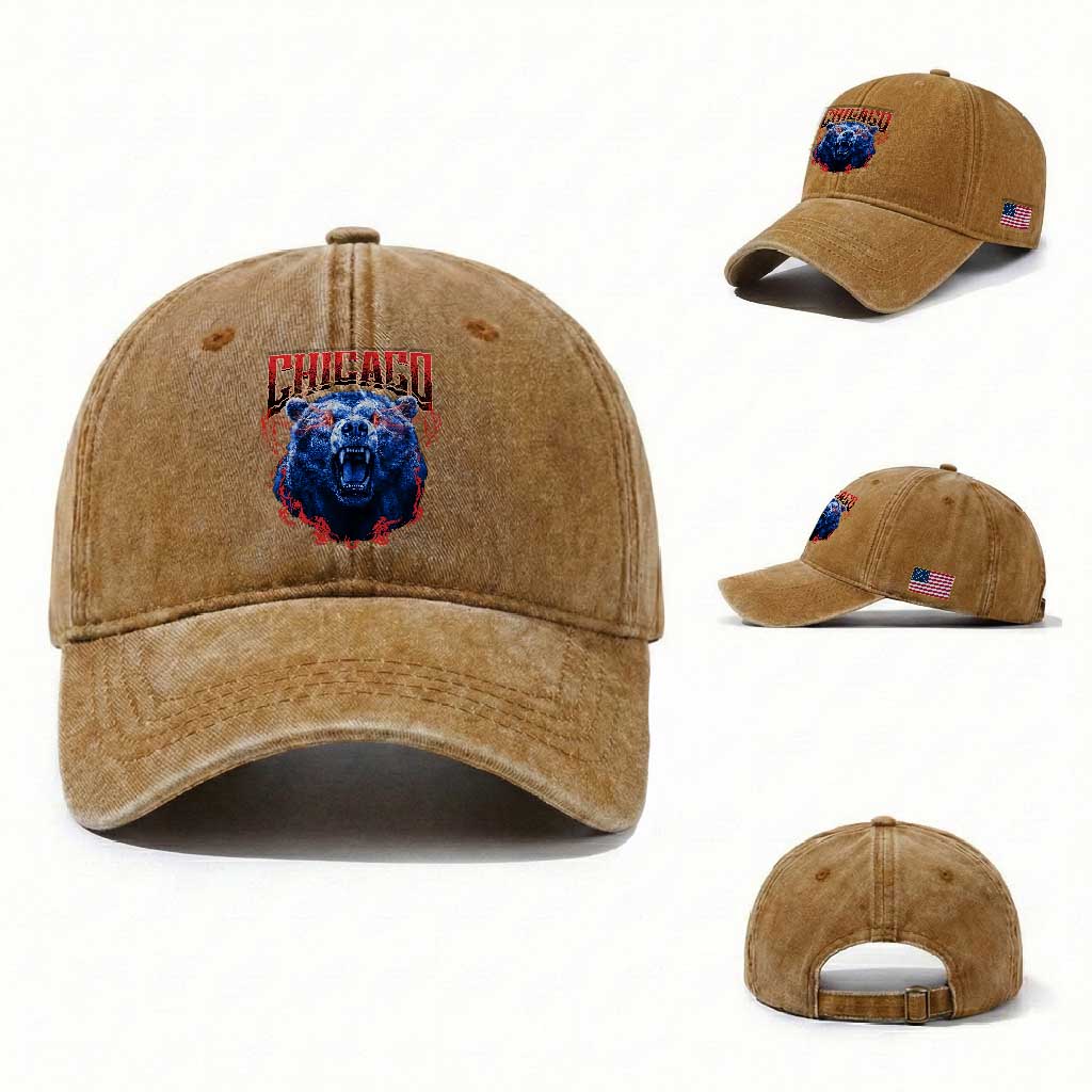 Retro Chicago Washed Cotton Baseball Cap Vintage Cub Bootleg Graphic Baseball Fans TS10 Washed Cap Universal Fit Yellow Ochre Print Your Wear
