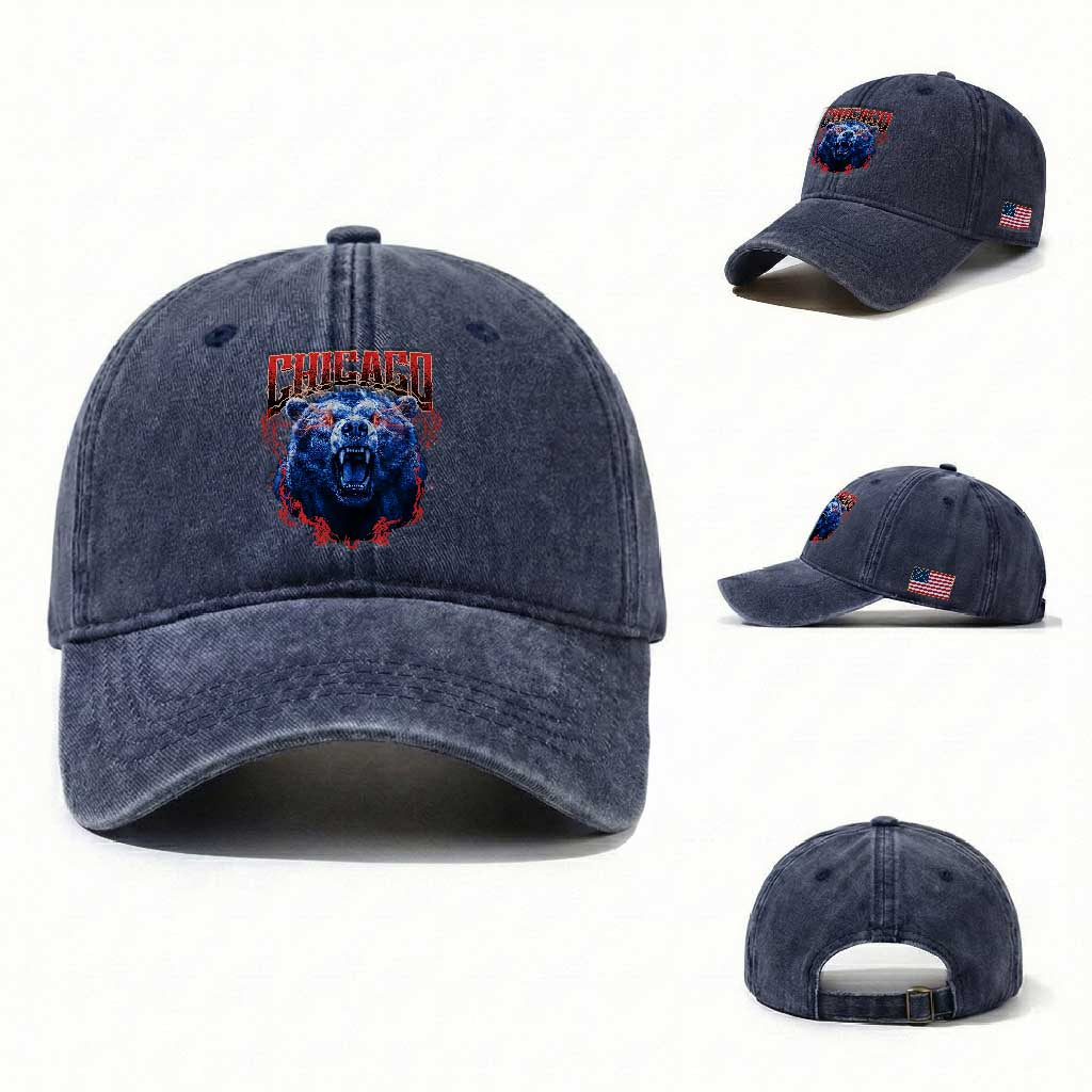 Retro Chicago Washed Cotton Baseball Cap Vintage Cub Bootleg Graphic Baseball Fans TS10 Washed Cap Universal Fit Navy Print Your Wear
