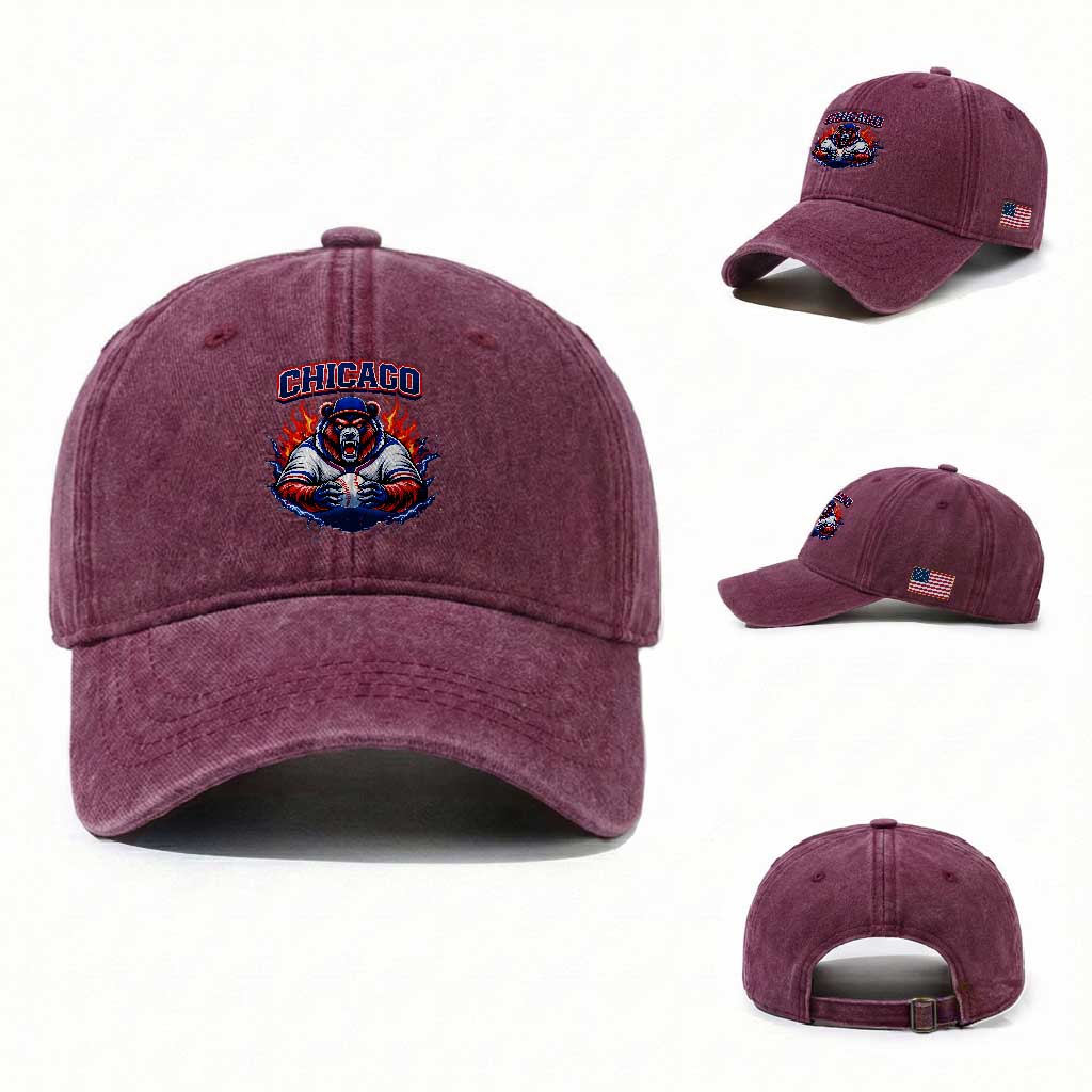 Vintage Chicago Washed Cotton Baseball Cap Retro Baseball Fans TS10 Washed Cap Universal Fit Burgundy Print Your Wear
