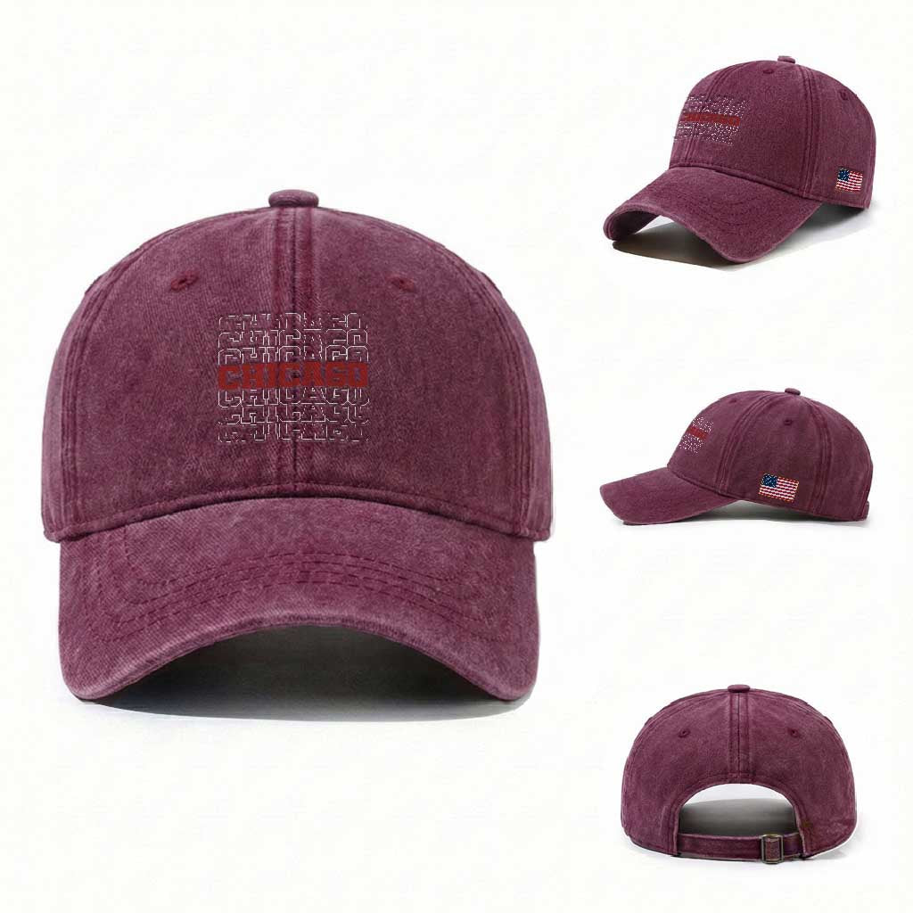 Vintage Chicago Graphic Washed Cotton Baseball Cap US State Pride Baseball Lover TS10 Washed Cap Universal Fit Burgundy Print Your Wear