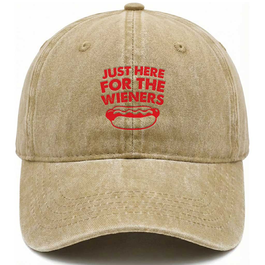 4th of July Just Here For The Wieners Washed Cotton Baseball Cap Funny Hot Dog Independence Day Patriotic Weenies TS10 Washed Cap Universal Fit Khaki Print Your Wear