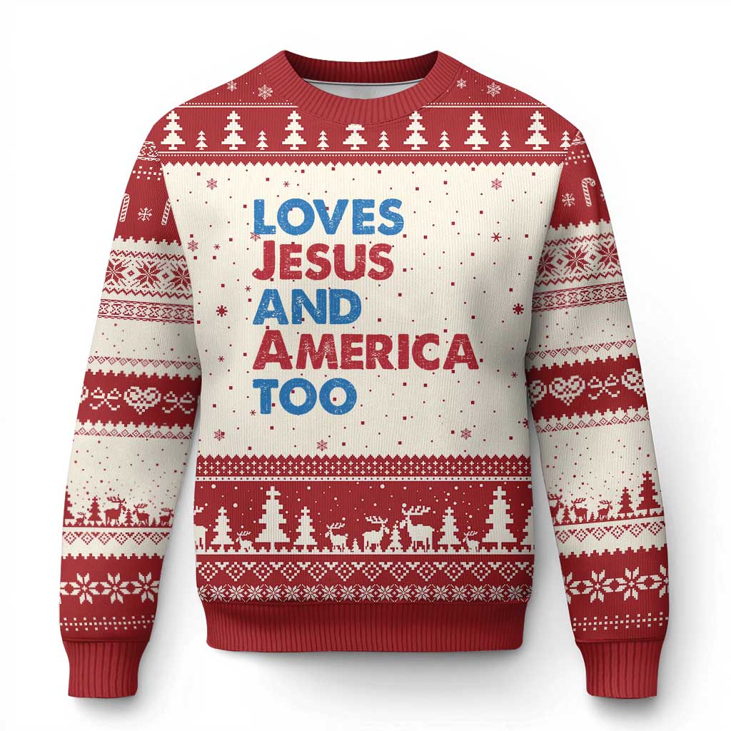 Loves Jesus and America Too Ugly Christmas Sweater 4th of July Patriotic TS10 Beige Red Print Your Wear