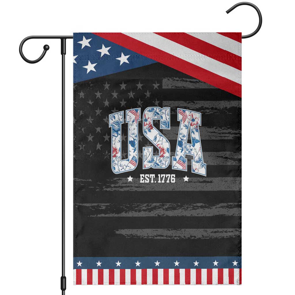 Floral USA Garden Flag Est 1776 Patriotic American Girl 4th of July TS10 Distressed Black Blue Print Your Wear