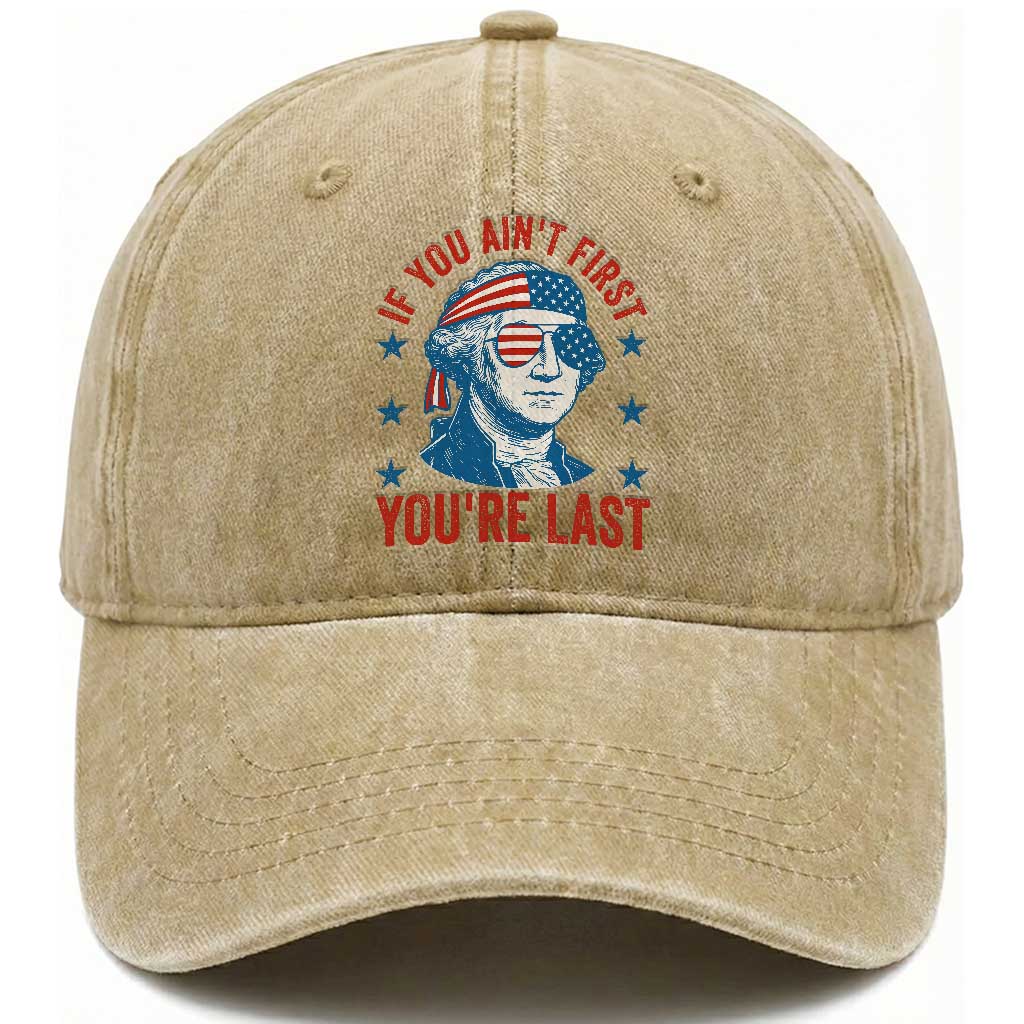 Funny 4th Of July Washed Cotton Baseball Cap George Washington Stay Strapped Or Get Clapped TS10 Washed Cap Universal Fit Khaki Print Your Wear
