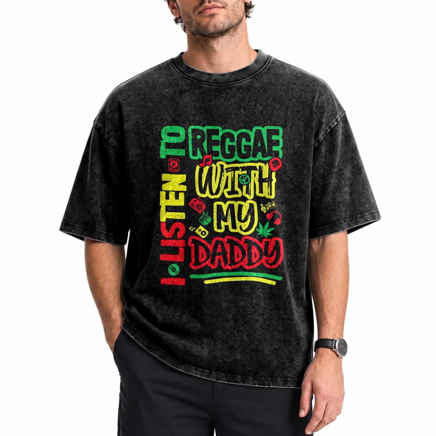 Rasta Baby Washed Cotton T-Shirt I Listen to Reggae with My Daddy