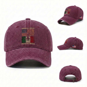 American Grown Mexican Roots Washed Cotton Baseball Cap Retro Mexico America Flag TS10 Washed Cap Universal Fit Burgundy Print Your Wear