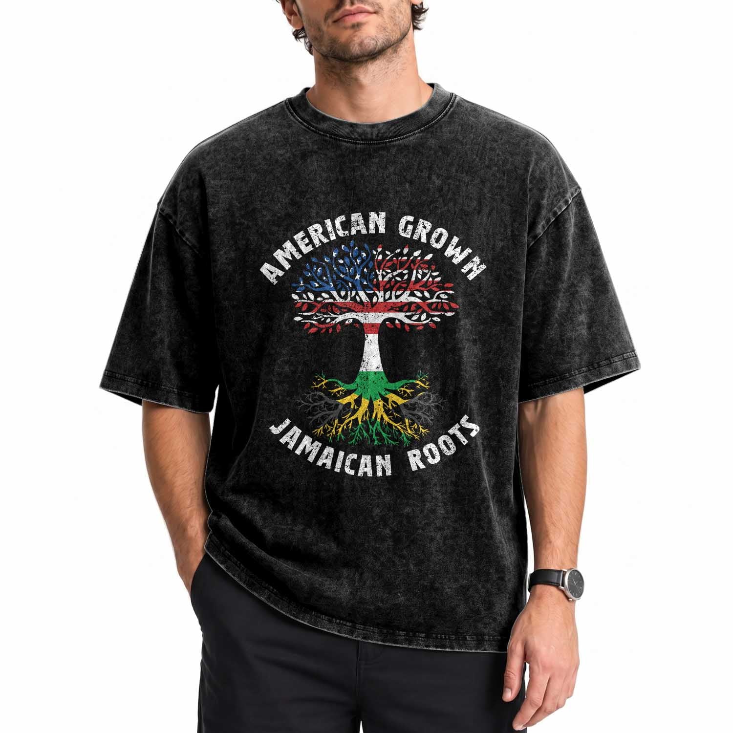American Grown Jamaican Roots Washed Cotton T-Shirt Retro USA Jamaica Flag