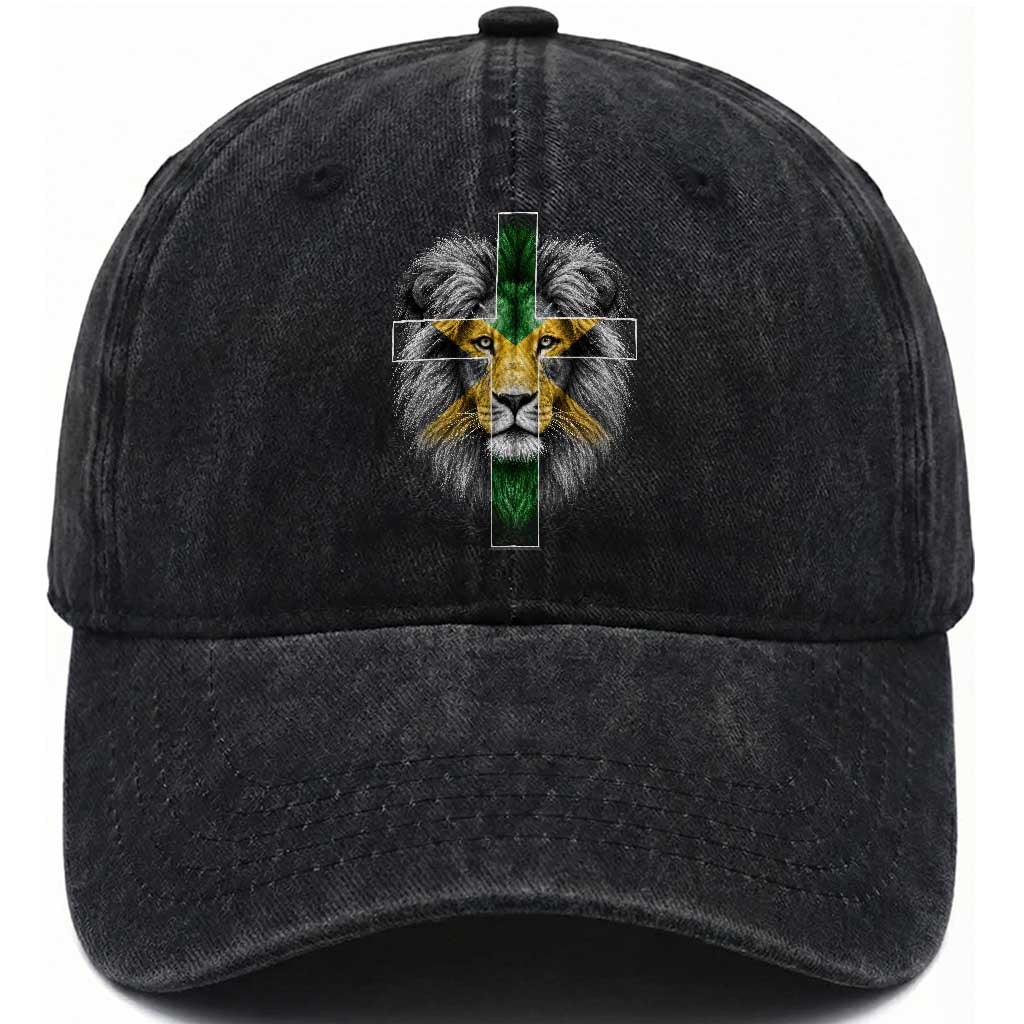 Lion of Judah Cross Jamaica Flag Washed Cotton Baseball Cap Christian Faith Jamaican Pride TS10 Print Your Wear