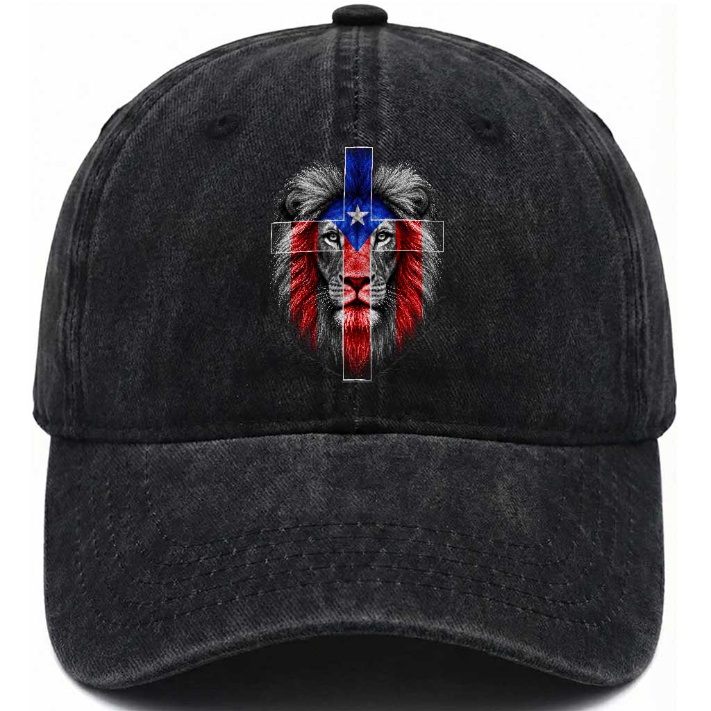 Lion of Judah Cross Puerto Rico Flag Washed Cotton Baseball Cap Christian Faith Puerto Rican Pride TS10 Print Your Wear