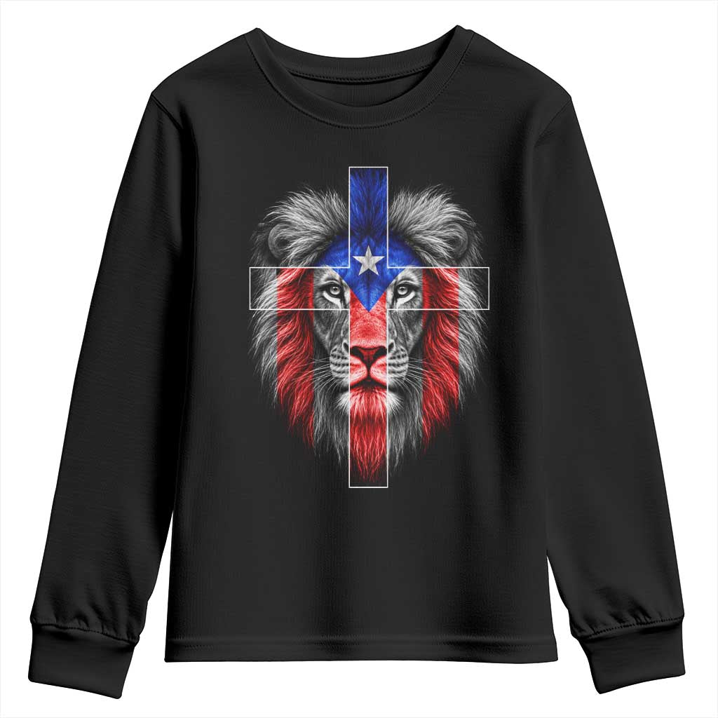 Lion of Judah Cross Puerto Rico Flag Youth Sweatshirt Christian Faith Puerto Rican Pride TS10 Black Print Your Wear
