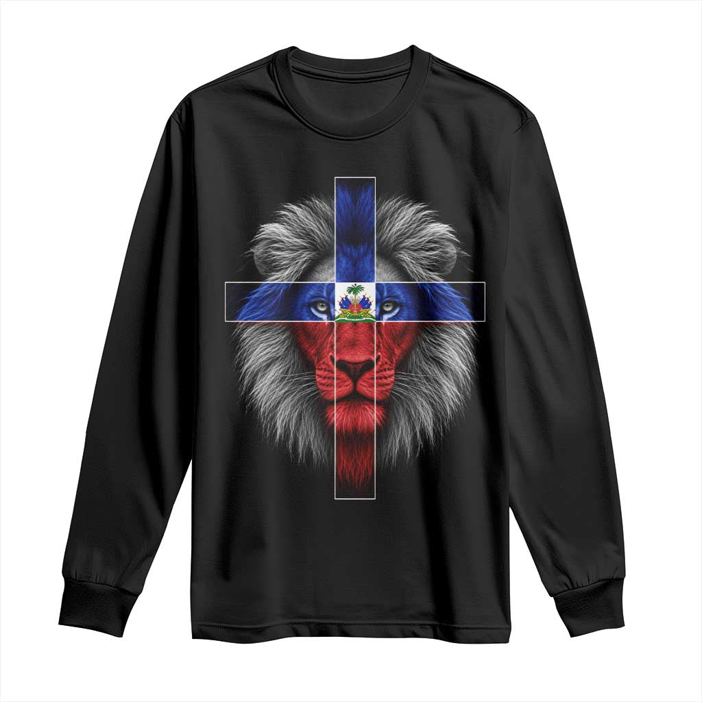 Lion of Judah Cross Haiti Flag Long Sleeve Shirt Christian Faith Haitian Pride TS10 Black Print Your Wear