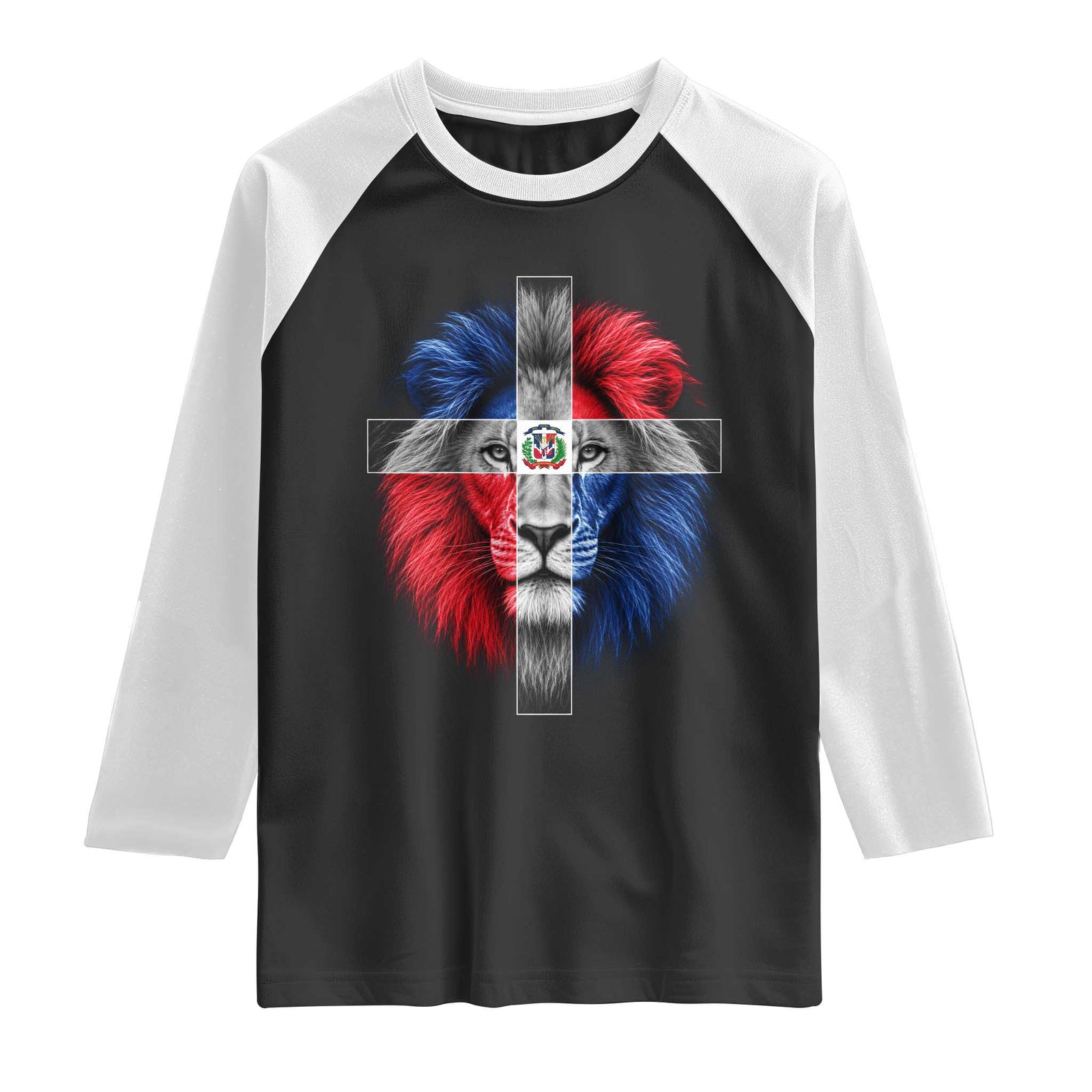 Lion of Judah Cross Dominican Republic Flag Raglan Shirt Christian Faith Dominican Pride TS10 Black White Print Your Wear