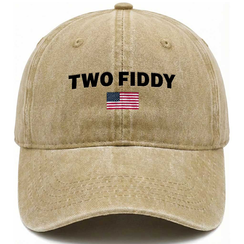 Two Fiddy American Flag Washed Cotton Baseball Cap Funny 250th America Celebration Patriotic Graphic TS10 Print Your Wear