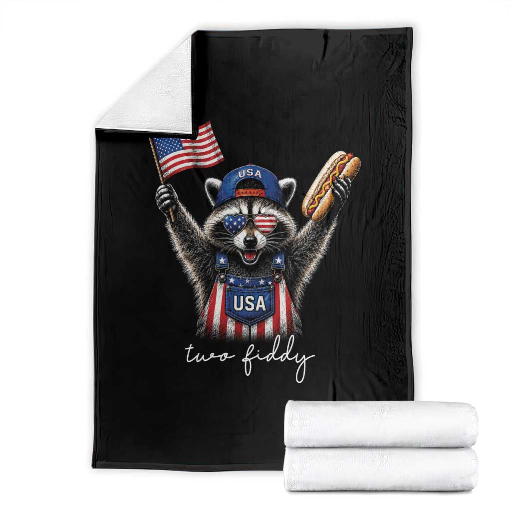 Funny Two Fiddy Raccoon Patriotic Throw Blanket USA Flag Hot Dog Fourth of July USA 250th Anniversary TS10 Black Print Your Wear