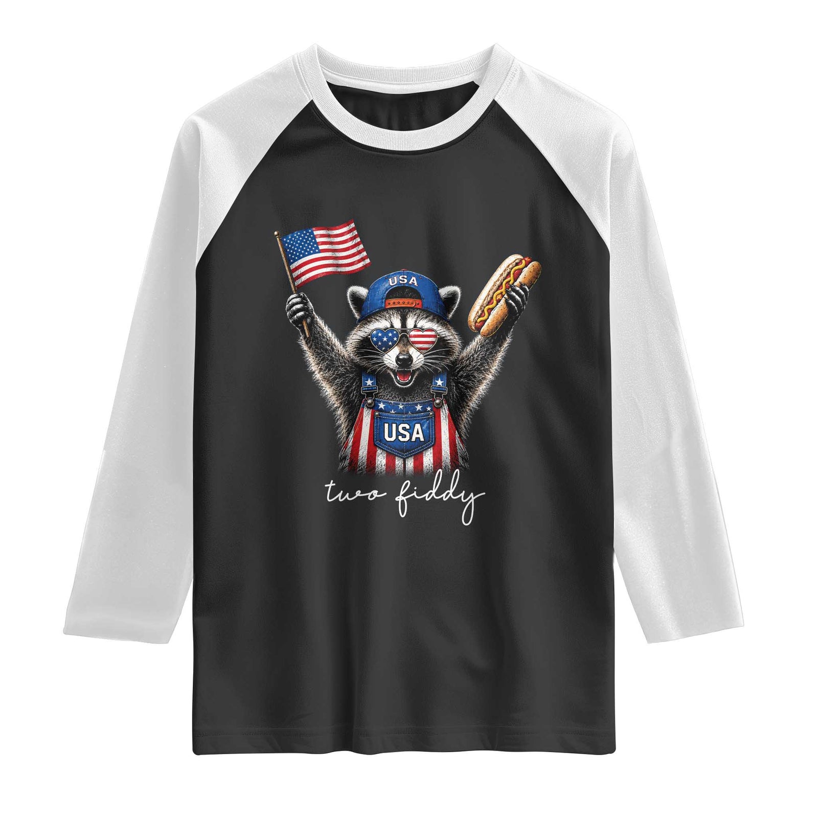 Funny Two Fiddy Raccoon Patriotic Raglan Shirt USA Flag Hot Dog Fourth of July USA 250th Anniversary TS10 Black White Print Your Wear
