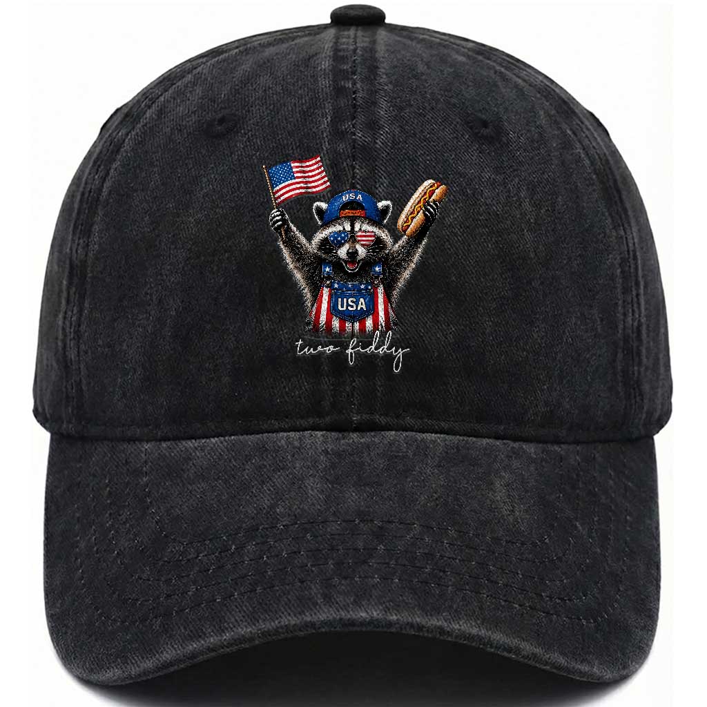 Funny Two Fiddy Raccoon Patriotic Washed Cotton Baseball Cap USA Flag Hot Dog Fourth of July USA 250th Anniversary TS10 Print Your Wear