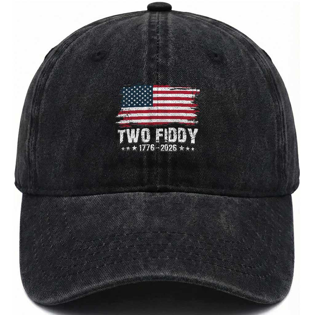 Two Fiddy USA 250th Anniversary Washed Cotton Baseball Cap Vintage American Flag Patriotic Humor TS10 Print Your Wear