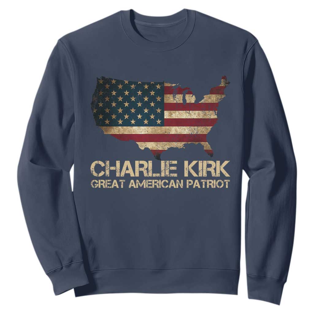 Charlie Kirk Sweatshirt Great American Patriot USA Flag TS10 Navy Print Your Wear