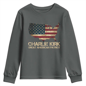 Charlie Kirk Youth Sweatshirt Great American Patriot USA Flag TS10 Dark Heather Print Your Wear