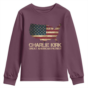 Charlie Kirk Youth Sweatshirt Great American Patriot USA Flag TS10 Maroon Print Your Wear