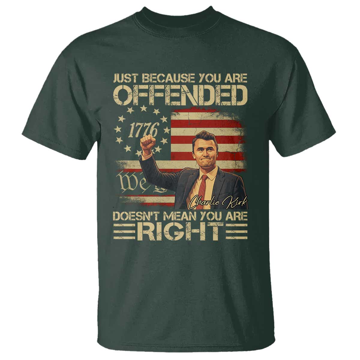 Charlie Kirk Memorial T Shirt Freedom Commemorative USA Flag Tribute TS10 Dark Forest Green Print Your Wear
