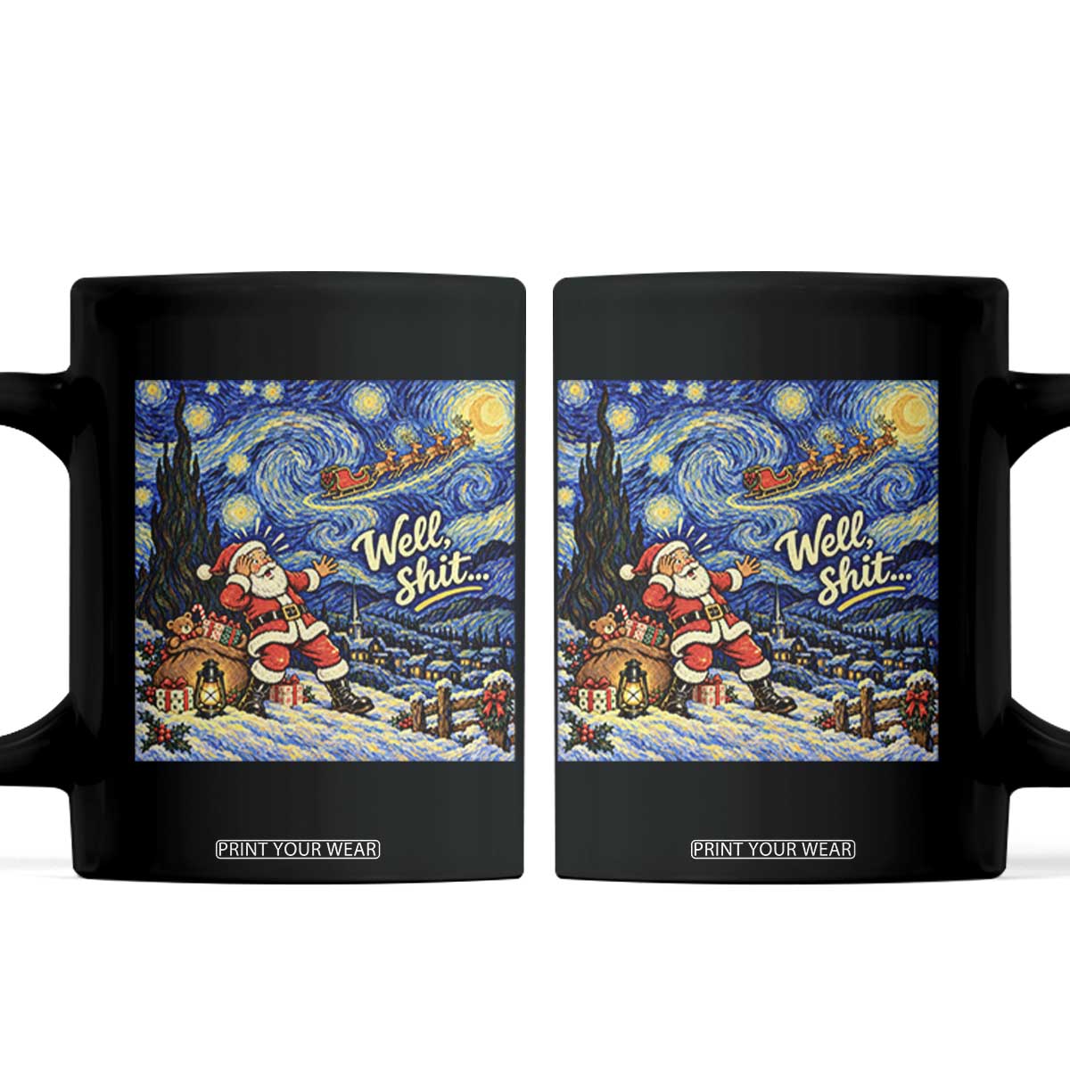 Funny Christmas Well Shit Starry Night Coffee Mug Sarcastic Santa Van Gogh Holiday
