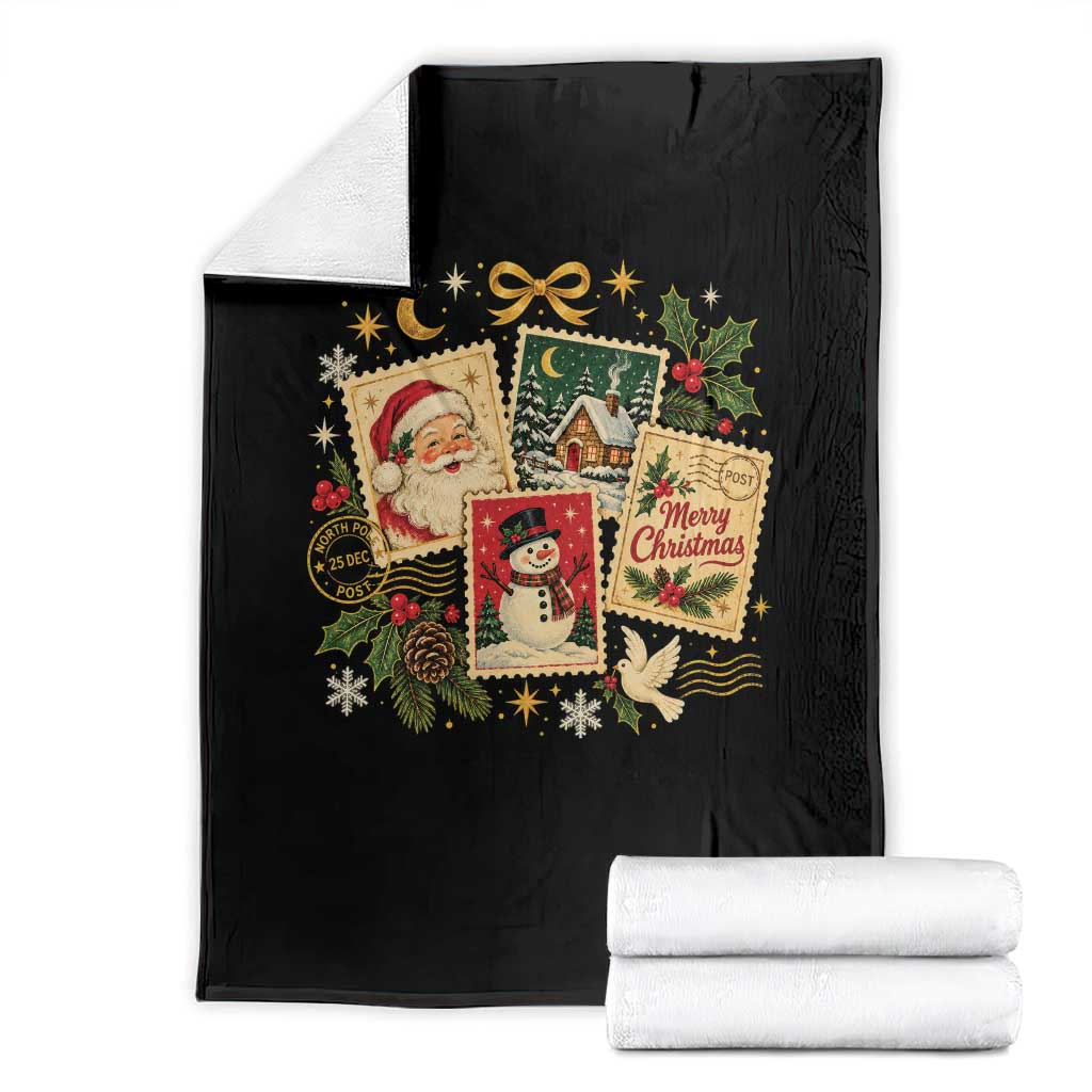 Vintage Christmas Postage Stamp Throw Blanket Santa Claus Snowman Winter Postcard Graphic