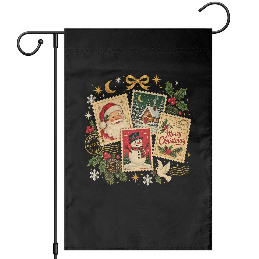 Vintage Christmas Postage Stamp Garden Flag Santa Claus Snowman Winter Postcard Graphic
