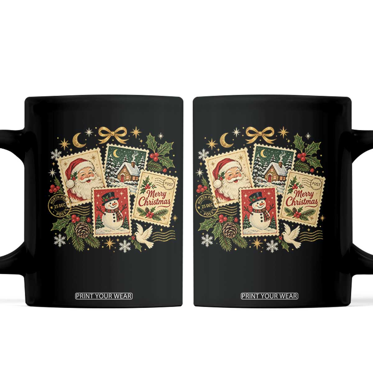 Vintage Christmas Postage Stamp Coffee Mug Santa Claus Snowman Winter Postcard Graphic