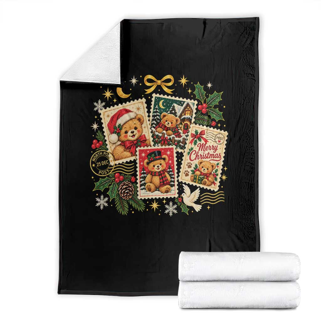 Vintage Christmas Teddy Bear Postage Stamp Throw Blanket Postage Stamp Winter Postcard Graphic