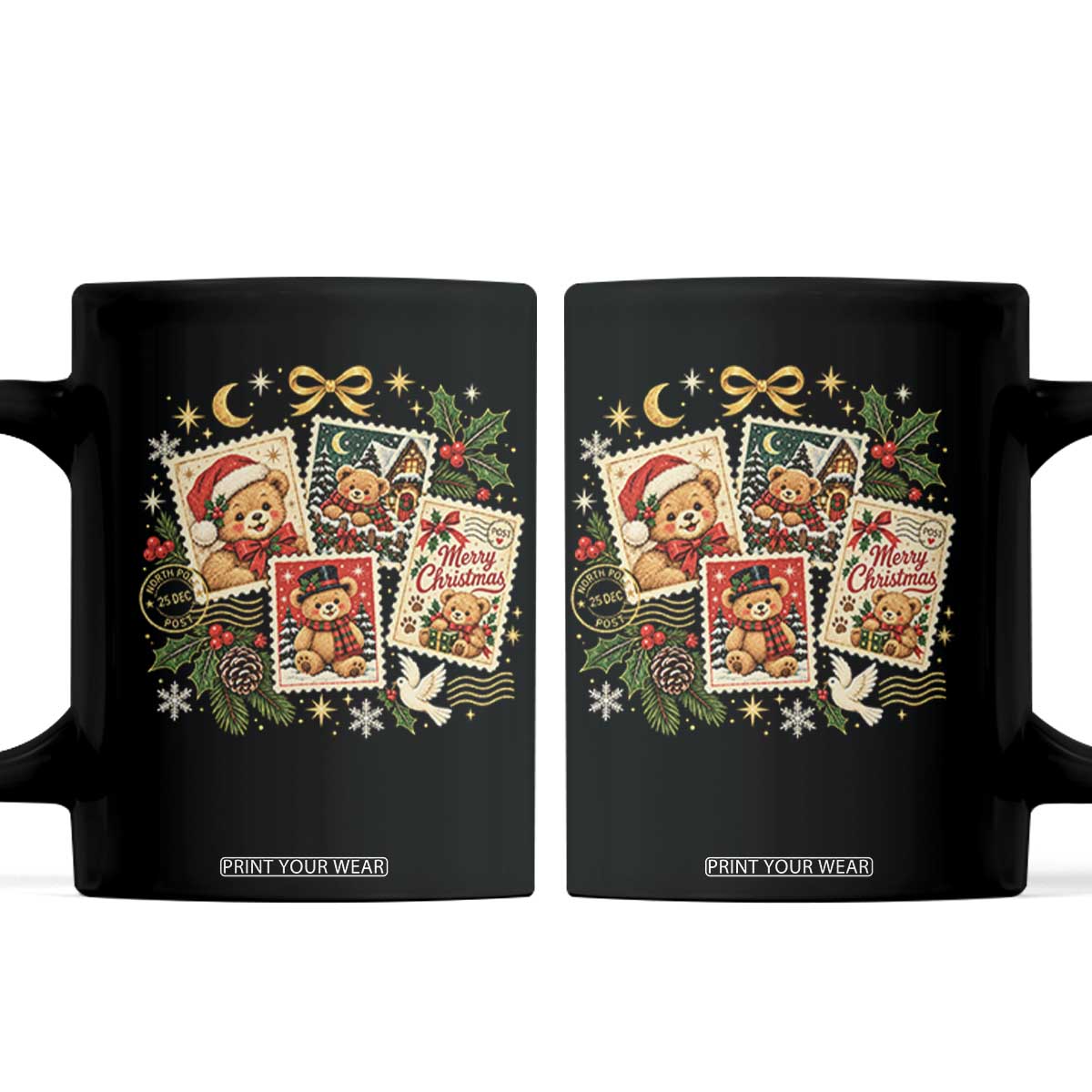 Vintage Christmas Teddy Bear Postage Stamp Coffee Mug Postage Stamp Winter Postcard Graphic