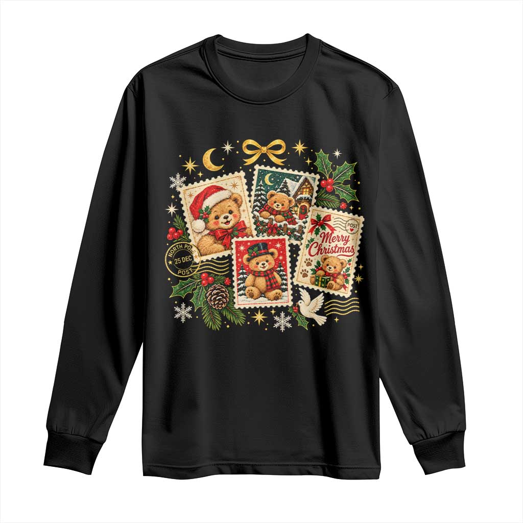 Vintage Christmas Teddy Bear Postage Stamp Long Sleeve Shirt Postage Stamp Winter Postcard Graphic
