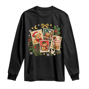 Vintage Christmas Teddy Bear Postage Stamp Long Sleeve Shirt Postage Stamp Winter Postcard Graphic