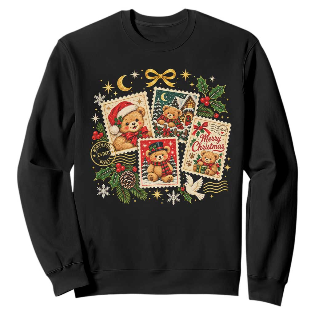 Vintage Christmas Teddy Bear Postage Stamp Sweatshirt Postage Stamp Winter Postcard Graphic