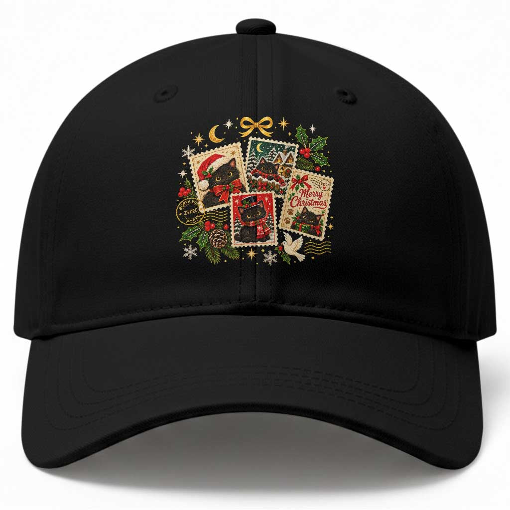 Vintage Christmas Black Cat Postage Stamp Baseball Cap Merry Christmas Festive Pet Kitten Graphic
